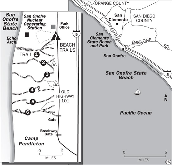 Bluffs Beach Trail map of San Onofre State Beach in Oceanside, California